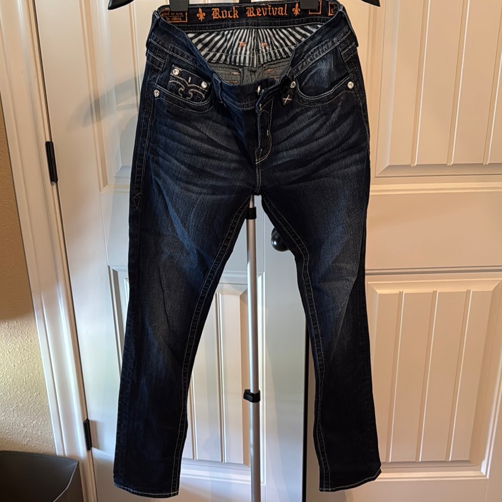 Rock Revival Blue Straight Leg Jeans with Distressed Look